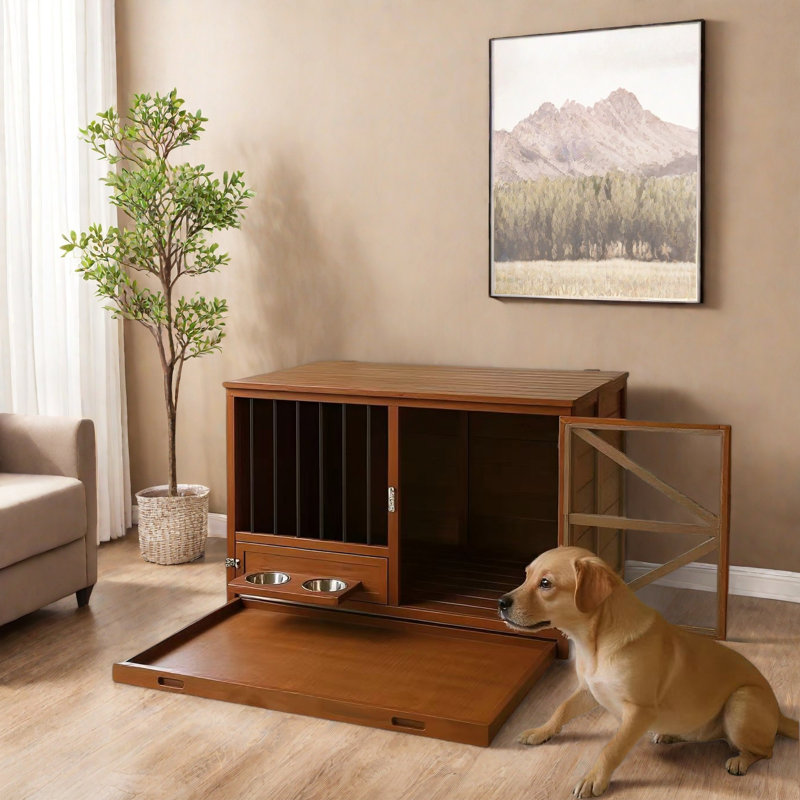mosaicmotifco Foldable Wood Dog Crate Furniture With 360° Rotating ...